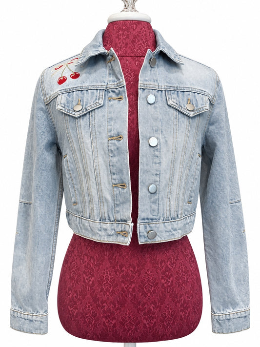 VEVERET Cherry Embroidered Cropped Denim Jacket – Women’s Small - NWOT