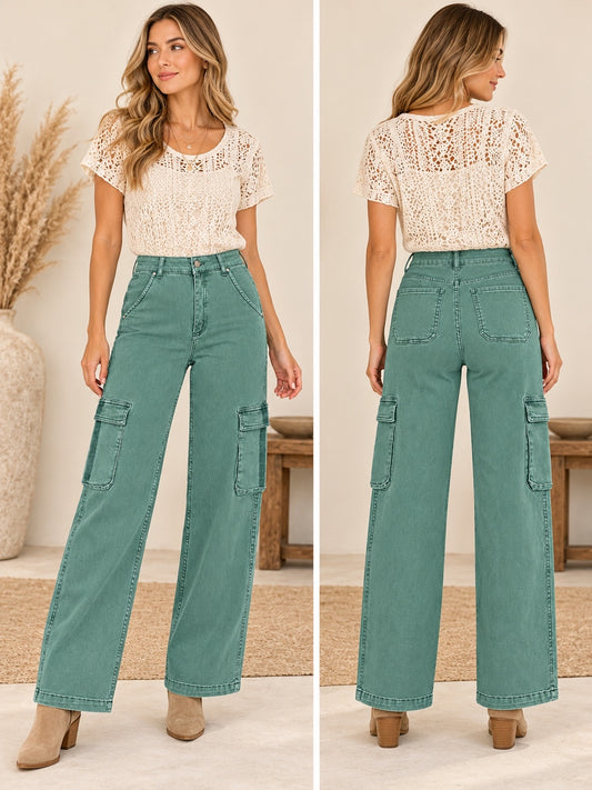 RISEN Jade High-Rise Wide-Leg Cargo Jeans Multiple Sizes Available