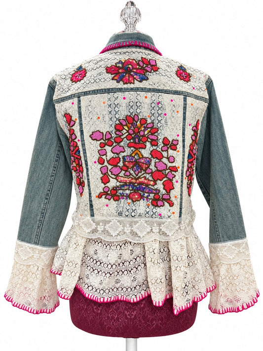 POL Beaded Floral Denim & Lace Jacket Size S