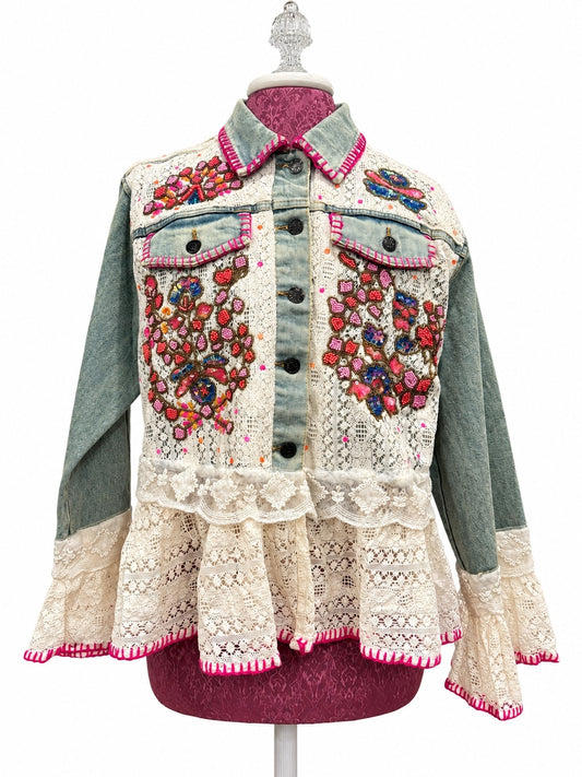 POL Beaded Floral Denim & Lace Jacket Size S
