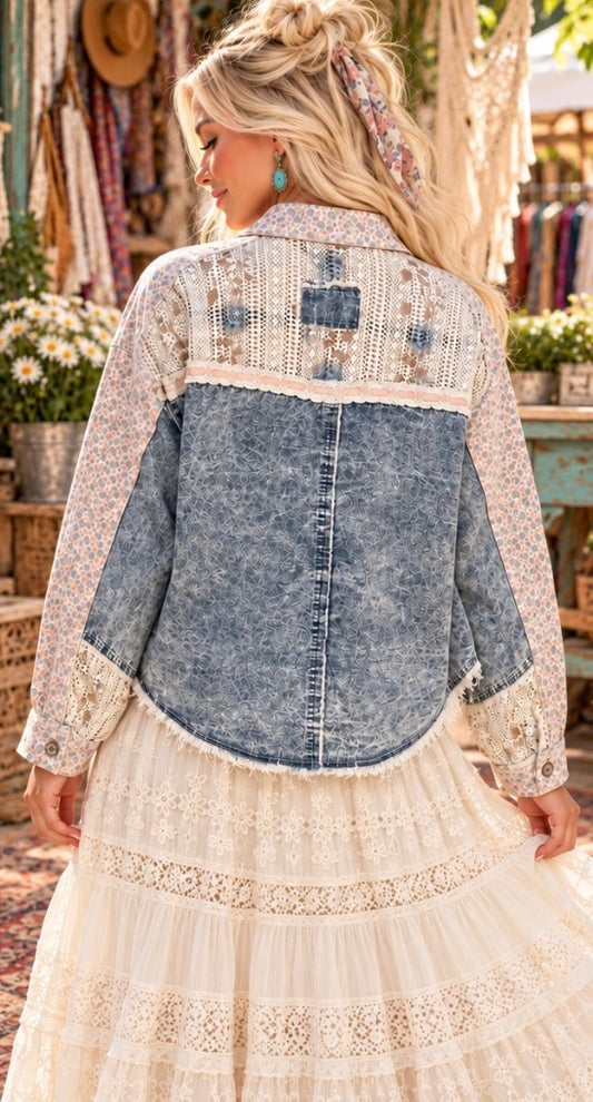 POL Floral & Lace Denim Jacket – Size M - New Without Tags